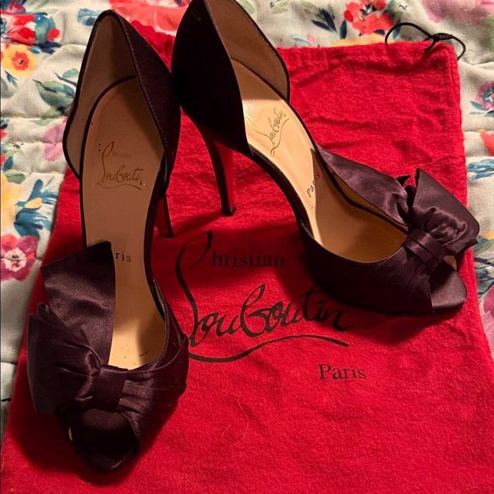 Christian Louboutin Satin Bow Heels in Deep Purple